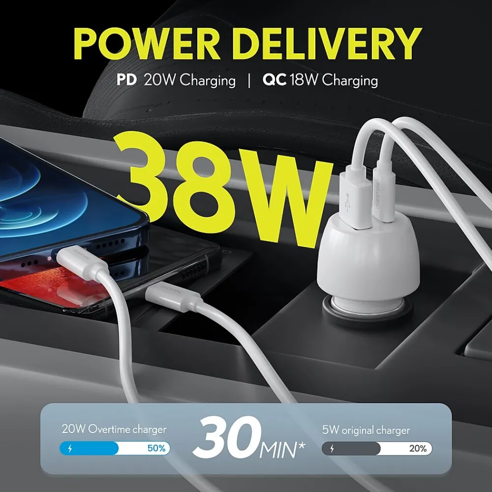 Dual USB-A/USB-C Universal Car Charger, White (OTC2USB2ASL)<Overtime Clearance