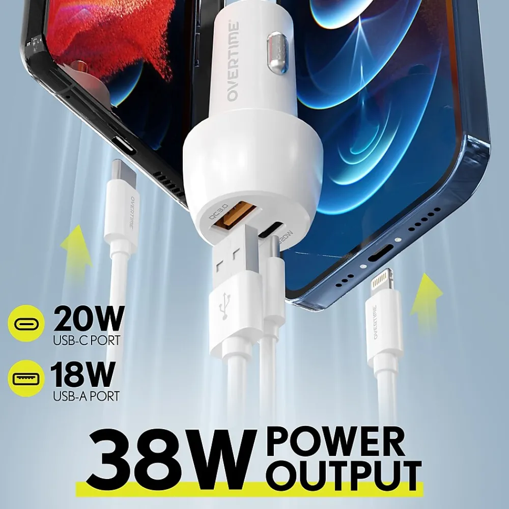 Dual USB-A/USB-C Universal Car Charger, White (OTC2USB2ASL)<Overtime Clearance