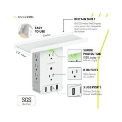 Overtime Wall Outlet Shelf, 8 Outlets and 3 USB Ports, Surge Protector, White (OTWP8O3USB)