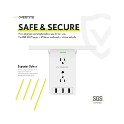 Overtime Wall Outlet Shelf, 8 Outlets and 3 USB Ports, Surge Protector, White (OTWP8O3USB)