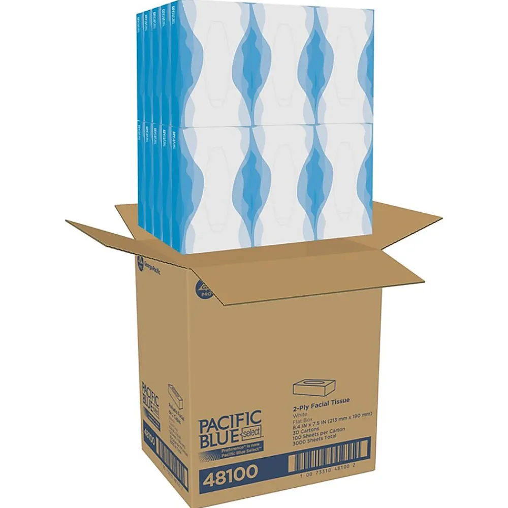 Facial Tissue, 2-ply, 100 Tissues/Box, 30 Boxes/Carton (48100)<Pacific Blue Select Sale