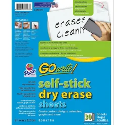 Dry Erase*Pacon Go Write Dry Erase Sheets 30PK 8 1/2 X 11 Plain, Melamine, Self Stick (PACASB8511)