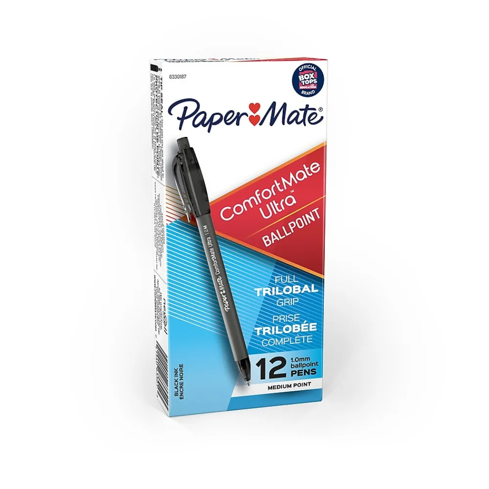 Pens|Paper Mate ComfortMate Ultra Retractable Ballpoint Pen, Medium Point, Black Ink, Dozen (6330187)