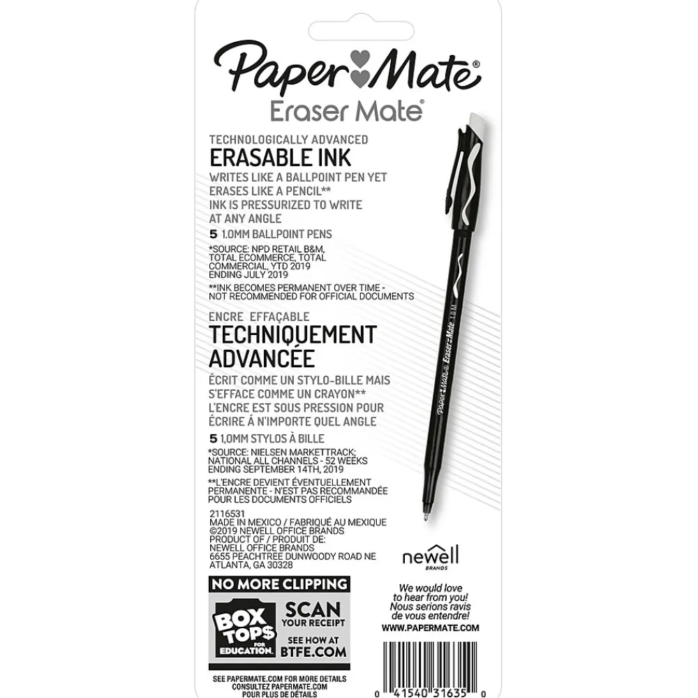 Pens|Paper Mate Eraser Mate Erasable Ballpoint Pen, Medium Point, Black Ink, 5/Pack (3163558PP)