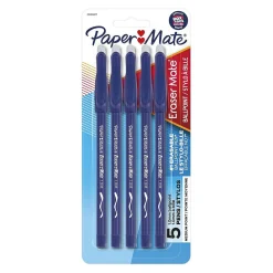 Pens|Paper Mate Eraser Mate Erasable Ballpoint Pen, Medium Point, Blue Ink, 5/Pack (3153558PP)
