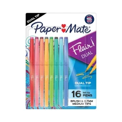 Pens|Paper Mate Flair! DUAL Calligraphy Pens, Brush/Medium Tips, Assorted Colors, 16/Pack (2181607)