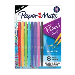 Pens|Paper Mate Flair DUAL Felt Pens, Twin Tip Point, Assorted Ink, 8/Pack (2181604)