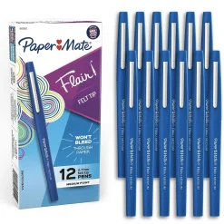 Pens|Paper Mate Flair Felt Pen, Medium Point, 0.7mm, Blue Ink, Dozen (8410152)