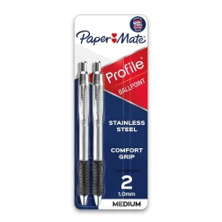 Pens|Paper Mate Profile Metal Barrel Retractable Ballpoint Pen, Medium Point, Black Ink, 2/Pack (2130513)