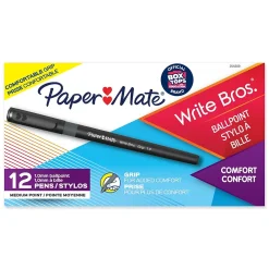 Pens|Paper Mate Write Bros. Grip Ballpoint Pen, Medium Point, Black Ink, Dozen (8807987)