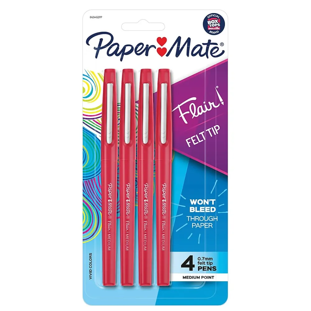 Pens|Paper Mate PaperMate Flair Felt Pen, Medium Point, 0.7mm, Red Ink, 4 Pack (84244)