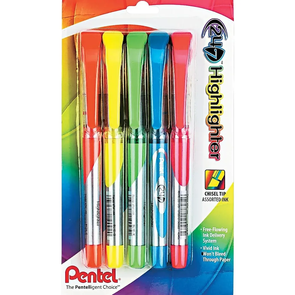 Highlighters|Pentel 24/7™ Highlighter, Chisel Tip, Assorted Barrel, Assorted Ink, 5/Pack