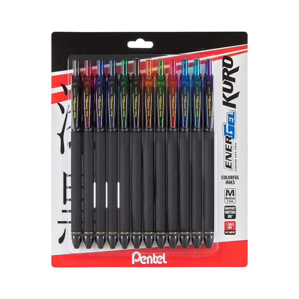 Pens|Pentel EnerGel Kuro Retractable Gel Pens, Medium Point, Assorted Colors Inks, 12/Pack (BL437R1BP12M)