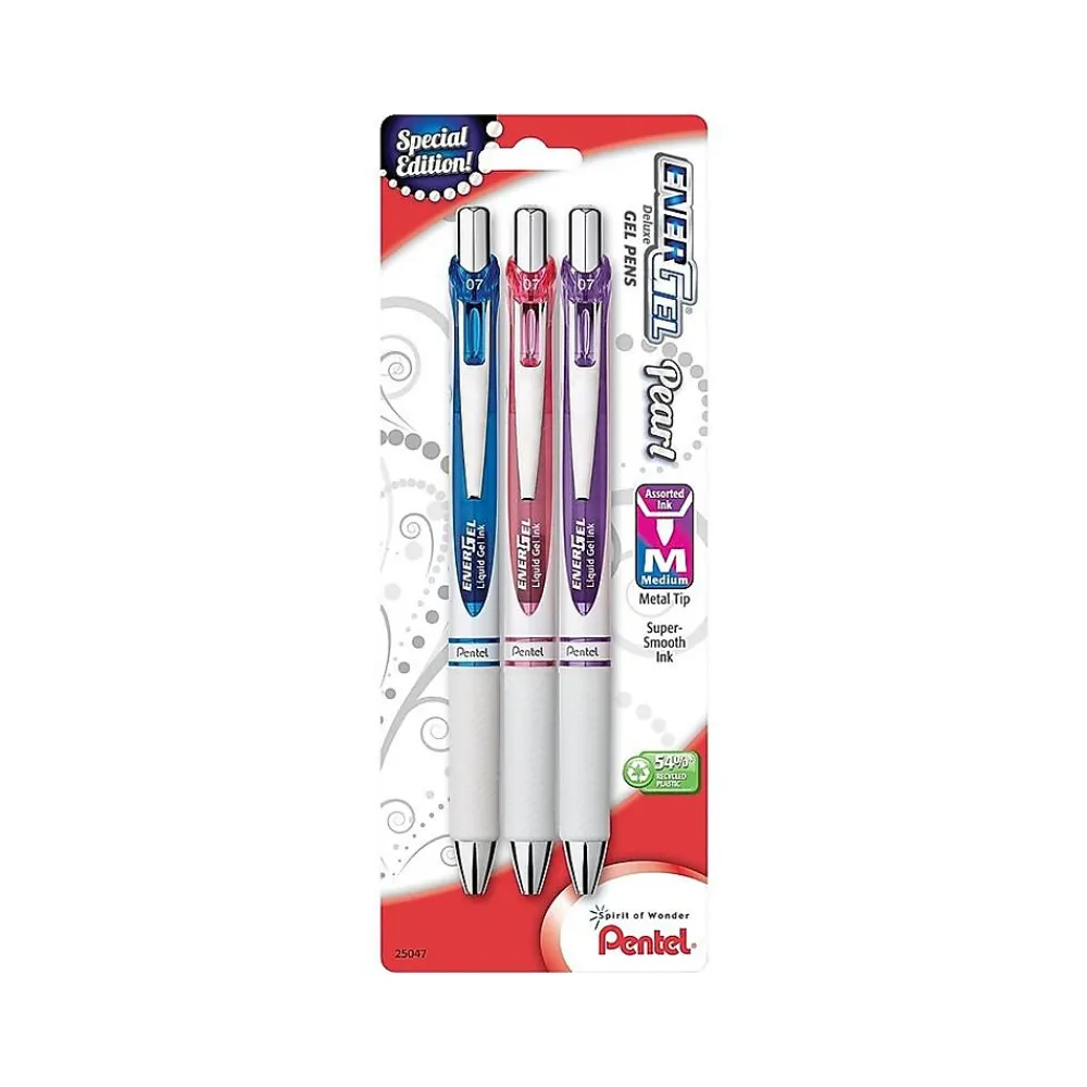 Pens|Pentel EnerGel Pearl Deluxe Retractable Gel Pens, Medium Point, Assorted Colors Ink, 3 Pack (BL77WBPS3M1)