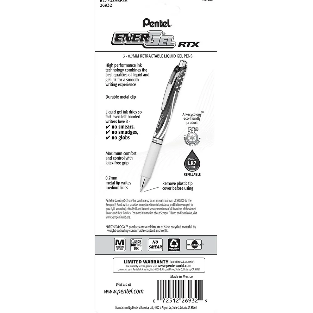 Pens|Pentel EnerGel RTX Gel Pen, Medium Tip, Black Ink, 3/Pack (BL77USABP3A)