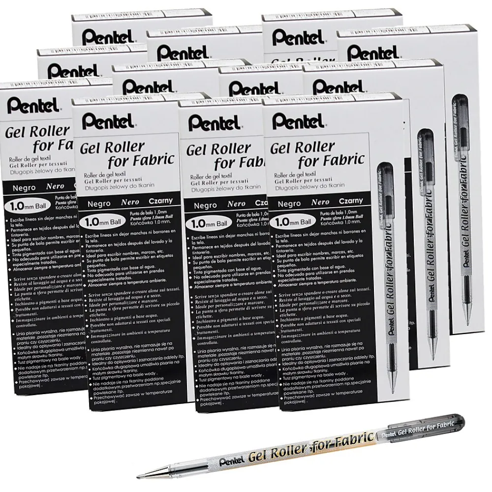 Pens|Pentel Gel Roller for Fabric, 1.0mm Point, Black, Pack of 12 (PENBN15A-12)
