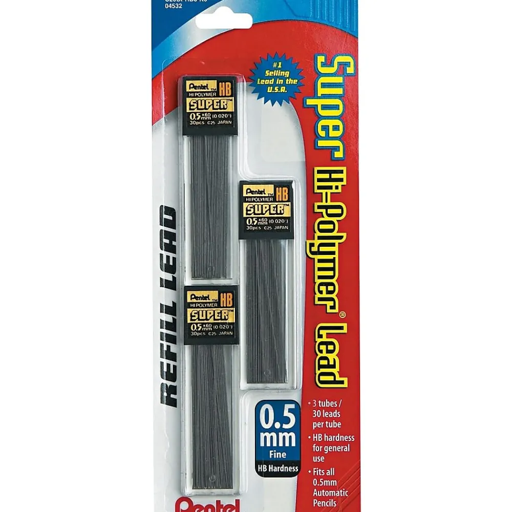 Pencils|Pentel Super Hi-Polymer Lead Refill, 0.5mm, 30/Leads, 3/Pack (C25BPHB3-K6)