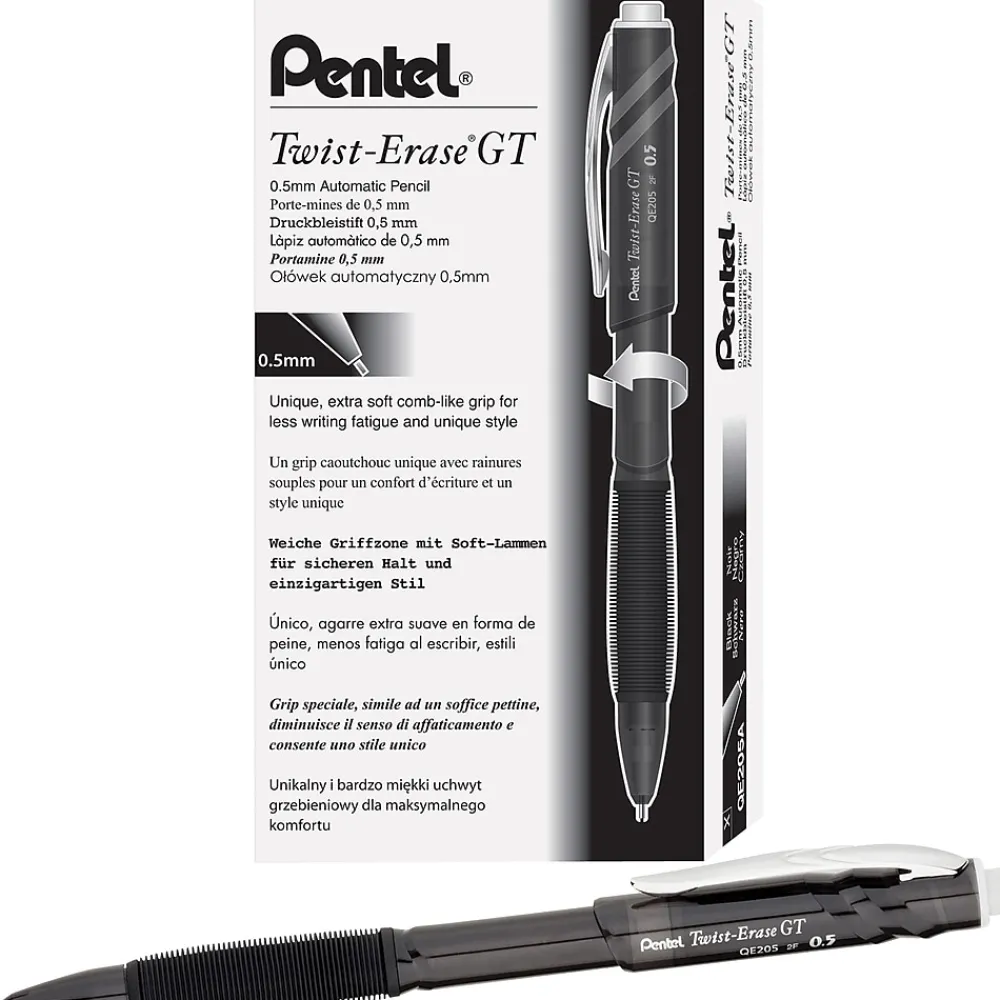 Pencils|Pentel Twist Erase GT Mechanical No. 2 Pencil, Fine Point, Black Barrel, Dozen (QE205A)