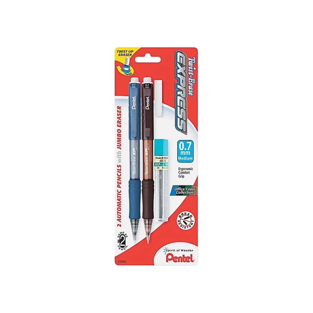 Pencils|Pentel Twist-Erase EXPRESS Mechanical Pencil, 0.7mm, #2 Medium Lead, 2/Pack (QE417LEBP2)