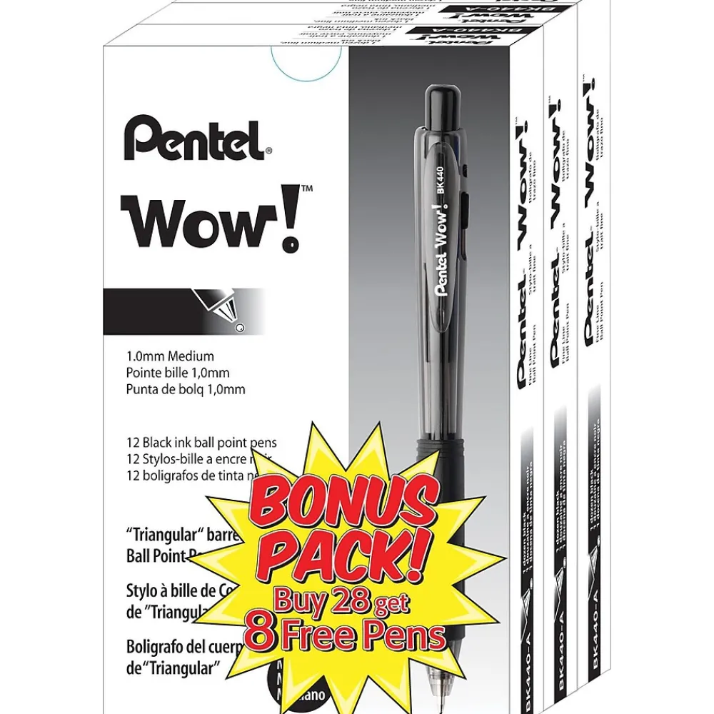 Pens|Pentel ® WOW® Retractable Ballpoint Pens Bonus Pack, Medium Point, Black Ink, 36/Pack (BK440ASWUSS)
