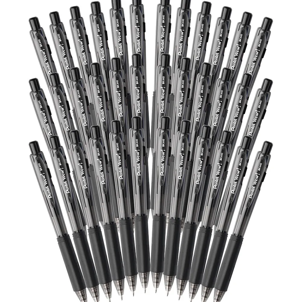 Pens|Pentel ® WOW® Retractable Ballpoint Pens Bonus Pack, Medium Point, Black Ink, 36/Pack (BK440ASWUSS)