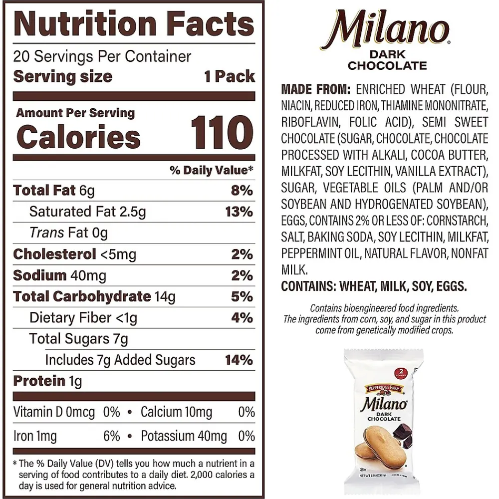 Milano Pepperidge Farm Double Dark Chocolate Cookies, 0.75 oz, 20/Pack (220-02248)