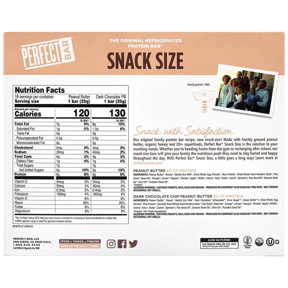 Perfect Bar Protein Bar, Peanut Butter and Chocolate Chip, 0.88 oz, 18/Pack (220-02413)