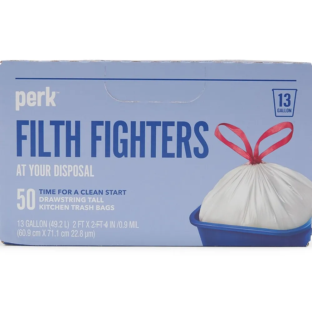 ™ 13 Gallon Kitchen Trash Bag, 28" x 24", Low Density, 0.9 mil, White, 50 Bags/Box (PK56745)<Perk Best