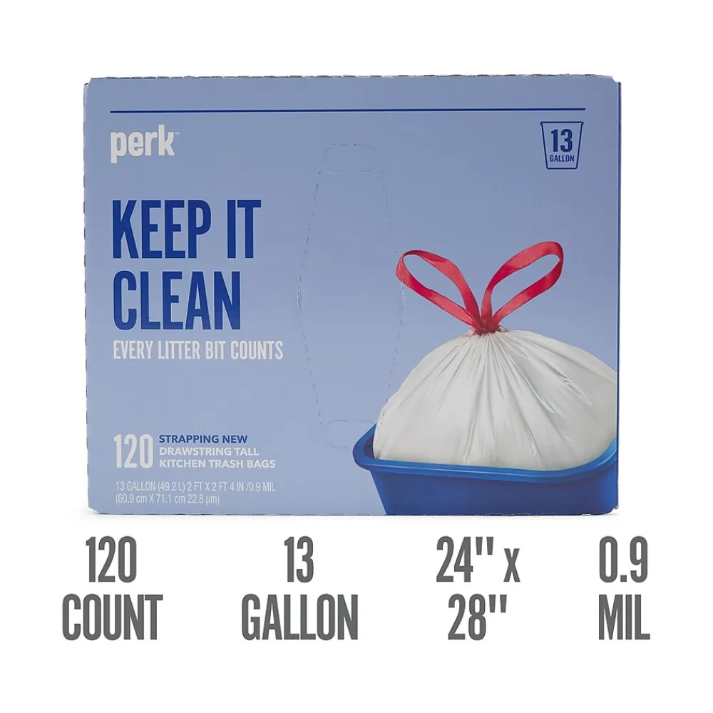 ™ 13 Gallon Kitchen Trash Bag, 28" x 24", Low Density, 0.9 mil, White, 120 Bags/Box (PK56750)<Perk Hot