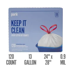 ™ 13 Gallon Kitchen Trash Bag, 28" x 24", Low Density, 0.9 mil, White, 120 Bags/Box, 3 Boxes/Carton (PK56750CT)<Perk Discount