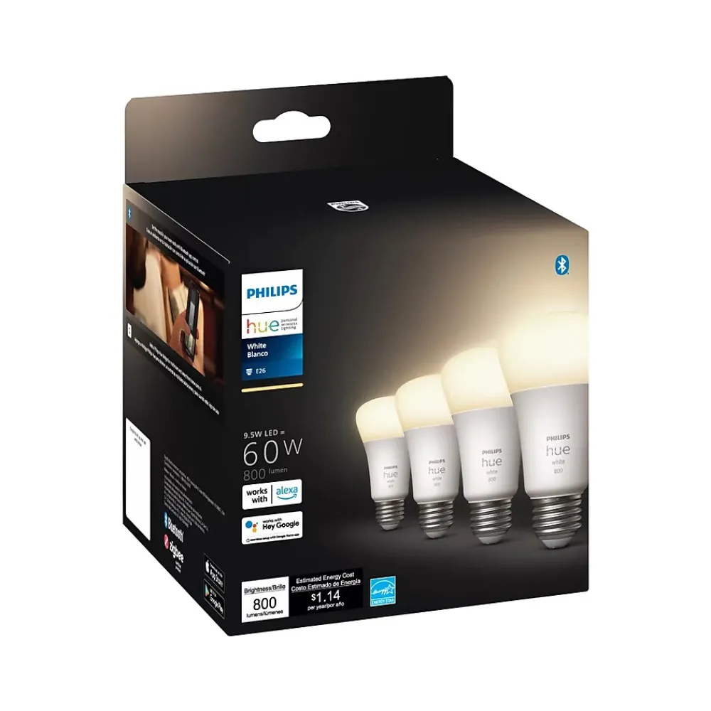 Philips Hue 60W Equivalent A19 LED Smart Light Bulb, Warm White, 4/Pack (476977)