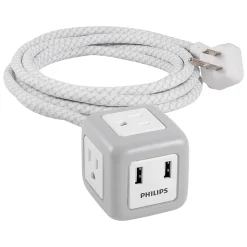 Philips 3-Outlet 2-USB Port Power Strip, 10', Gray/White (SPS3102WB/37)