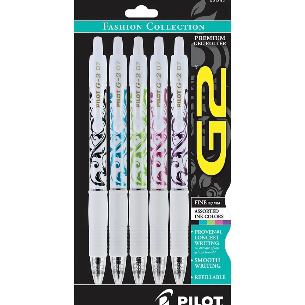 Pens|Pilot G2 Fashion Collection Retractable Gel Pens, Fine Point, Assorted Ink, 5/Pack (31392)