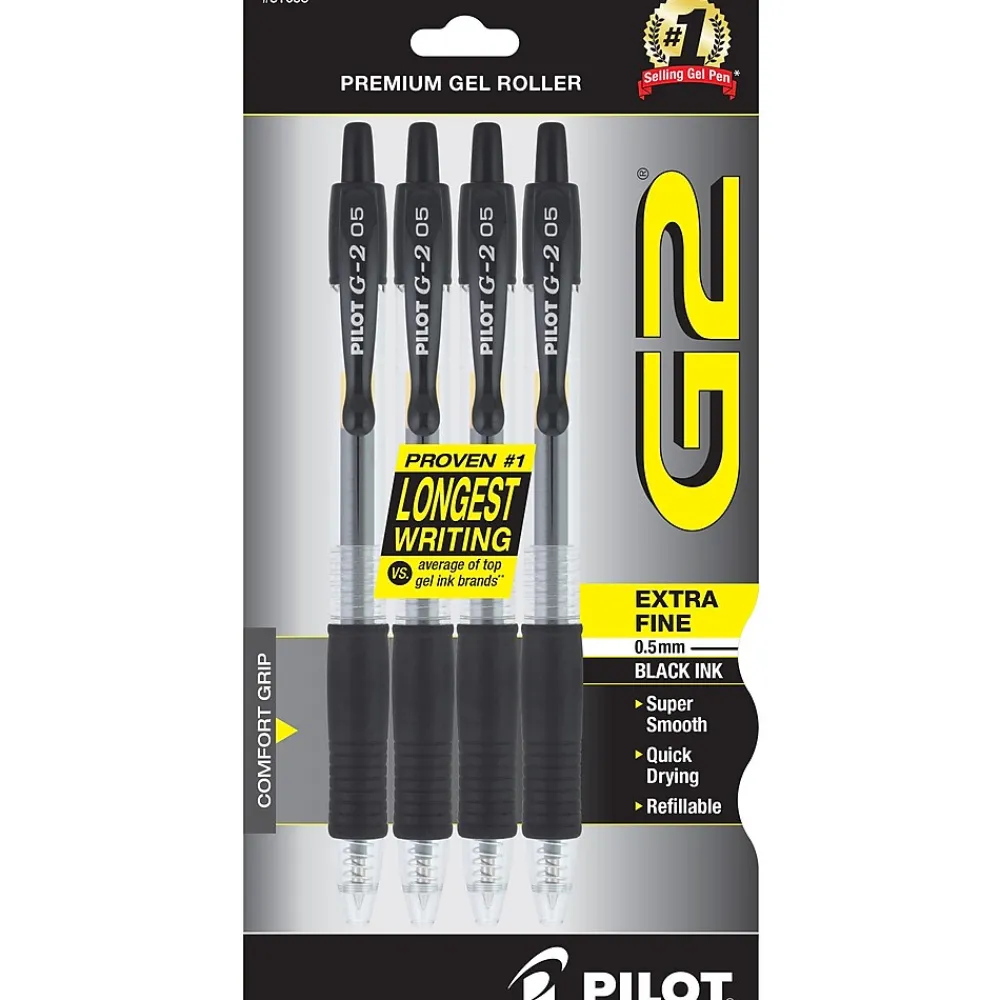 Pens|Pilot G2 Retractable Gel Pens, Extra Fine Point, Black Ink, 4/Pack (31055)