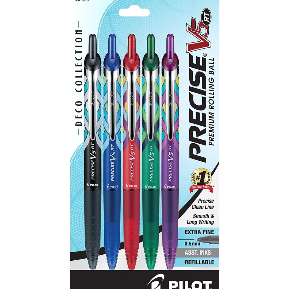 Pens|Pilot Precise V5 RT Deco Collection Retractable Rollerball Pens, Extra Fine Point, Assorted Ink, 5/Pack (41980)