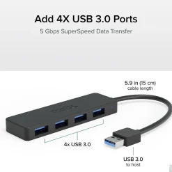 Plugable 4 Port USB Hub 3.0, USB Splitter for Laptop (USB3-HUB4A)