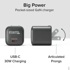 GaN USB-C Charger Block, 30W, Black (PS-30C1B-3X)<Plugable Clearance