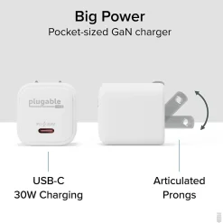 GaN USB-C Charger Block, 30W, White (PS-30C1W-3X)<Plugable Best