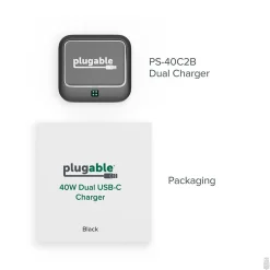 40W Dual USB-C Wall Charger, Black (PS-40C2B)<Plugable Hot
