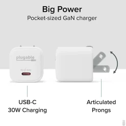 30W GaN USB C Charger Block, White (PS-30C1W)<Plugable Best