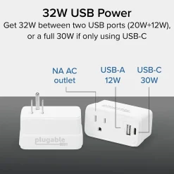 Wall Outlet Extender with USB-C and USB Charger, White (PS1-CA1)<Plugable Hot