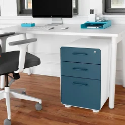 File Cabinets*Poppin Stow 3-Drawer Vertical Locking File Cabinet, White & Slate Blue, 16" (105944)