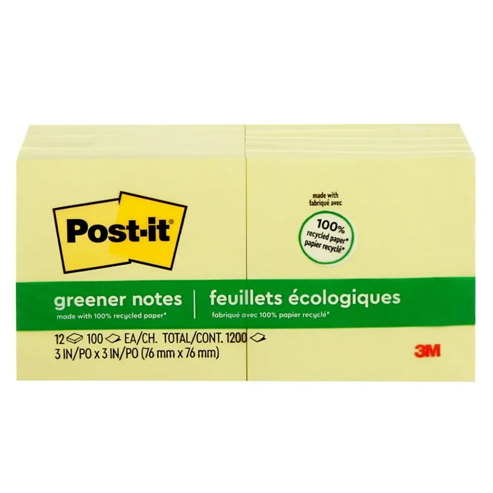 Post-It Notes*Post-it Greener Recycled Notes, 3" x 3", Canary Collection, 100 Sheet/Pad, 12 Pads/Pack (654-RP-YW)