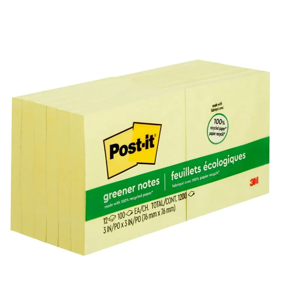 Post-It Notes*Post-it Greener Recycled Notes, 3" x 3", Canary Collection, 100 Sheet/Pad, 12 Pads/Pack (654-RP-YW)