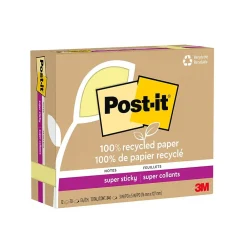 Post-It Notes*Post-it Recycled Super Sticky Notes, 3" x 5", Canary Collection, 70 Sheet/Pad, 12 Pads/Pack (655R-12SSCY)