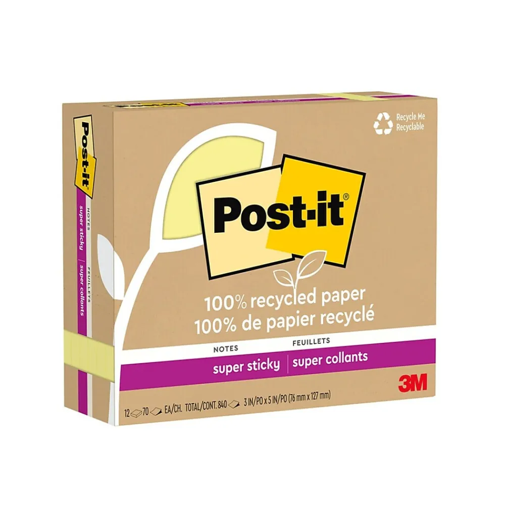 Post-It Notes*Post-it Recycled Super Sticky Notes, 3" x 5", Canary Collection, 70 Sheet/Pad, 12 Pads/Pack (655R-12SSCY)