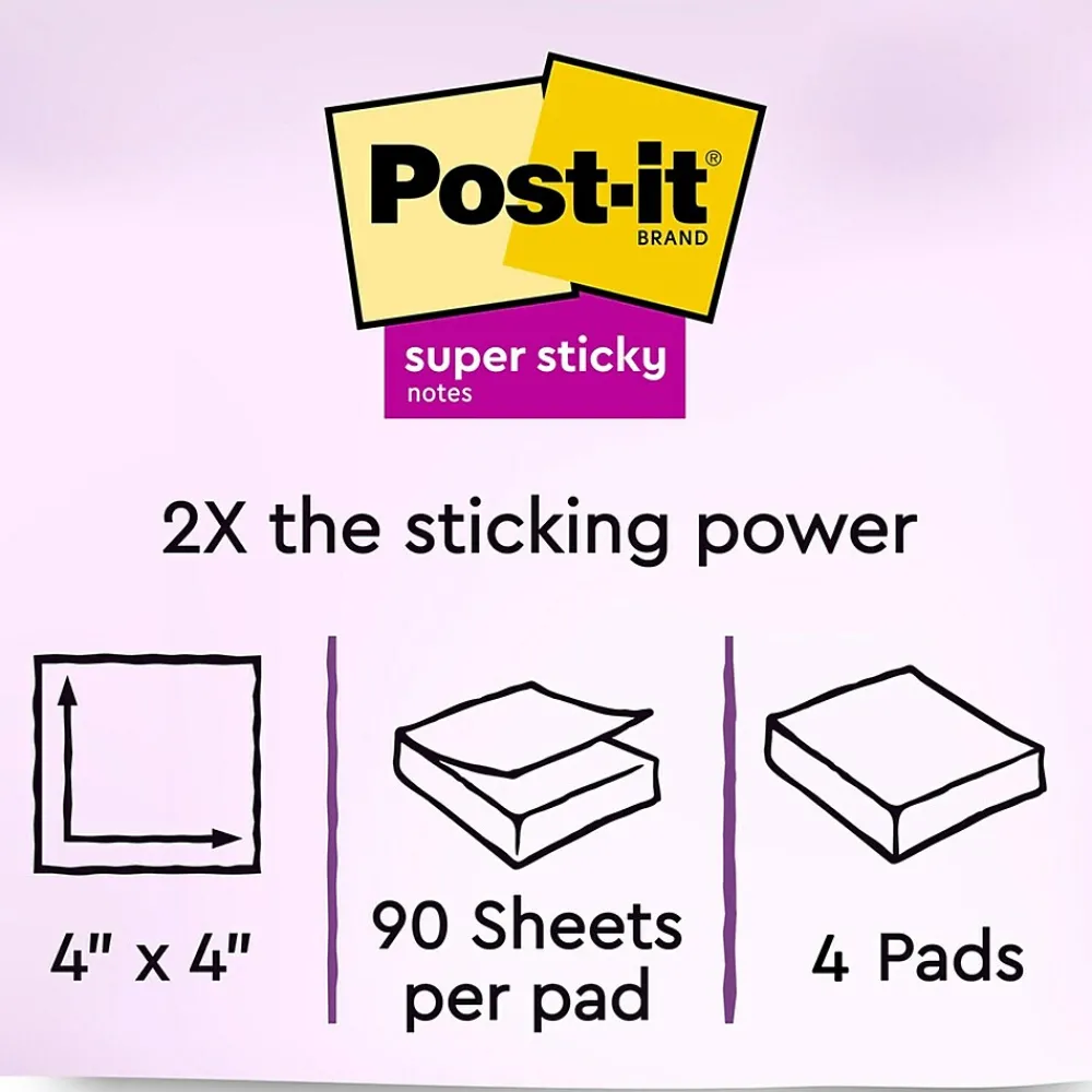 Post-It Notes*Post-it Recycled Super Sticky Notes, 4" x 4", Bora Bora Collection, Lined, 90 Sheet/Pad, 4 Pads/Pack (675-4SST)
