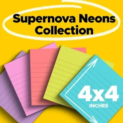 Post-It Notes*Post-it Super Sticky Notes, 4" x 4", Supernova Neons Collection, Lined, 90 Sheet/Pad, 6 Pads/Pack (675-6SSMIA)
