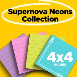 Post-It Notes*Post-it Super Sticky Notes, 4" x 4", Supernova Neons Collection, Lined, 90 Sheet/Pad, 4 Pads/Pack (675-4SSMIA)