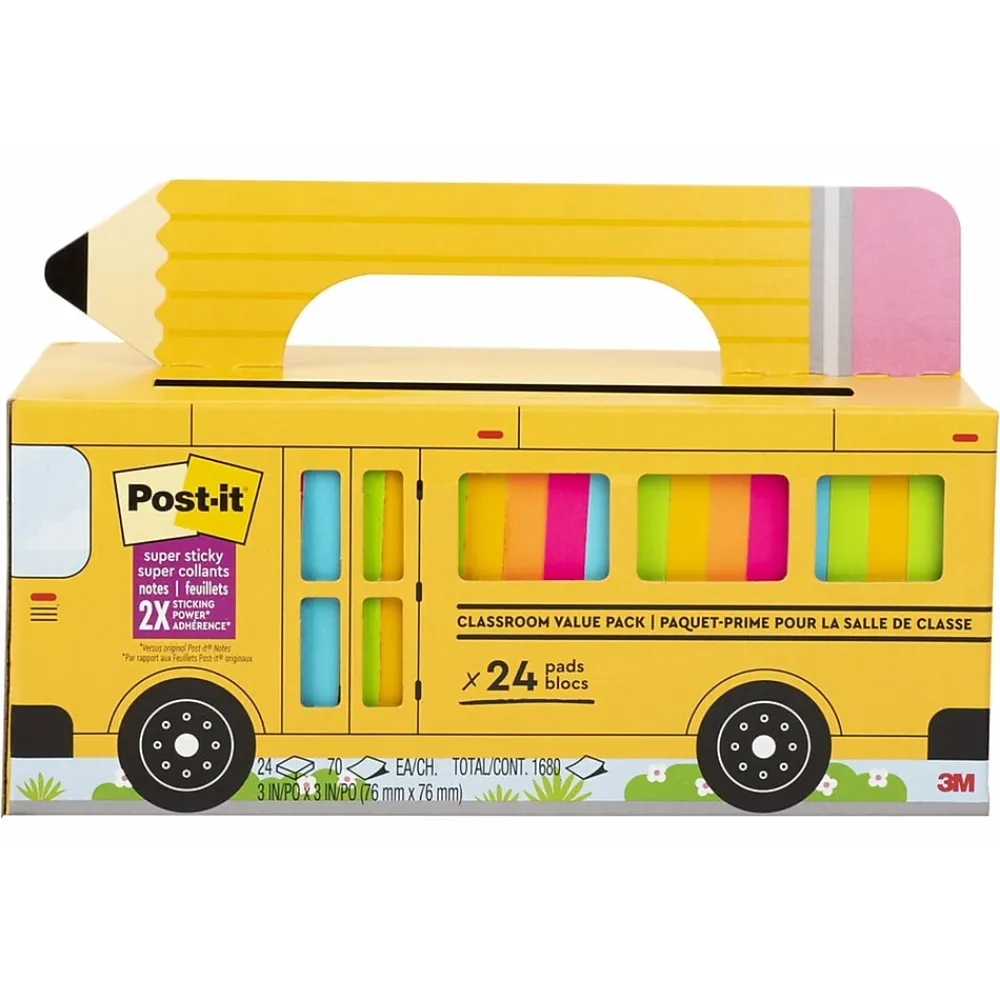 Post-It Notes*Post-it Super Sticky Notes, Bus Cabinet Pack, Assorted Bright Colors, 24 Pads/Pack, 70 Sheets/Pad (654-24SSBUS)